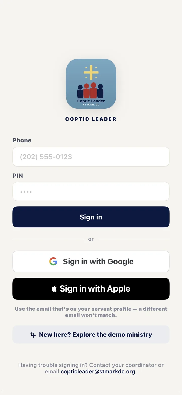 The Coptic Leader sign-in screen, with the 'New here? Explore the demo ministry' button at the bottom