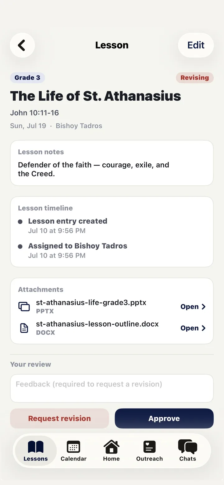 Reviewing a submitted lesson with its attachments, feedback box, and approve button