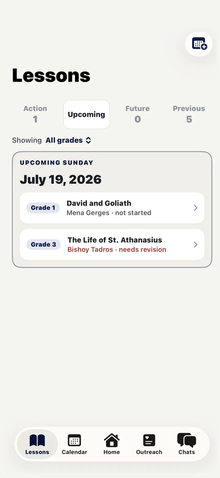 The coordinator lessons screen: upcoming Sunday, one lesson not started and one needing revision