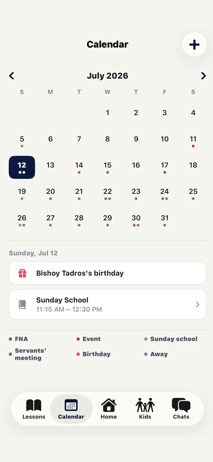 The calendar month view with colour-coded FNA, event, Sunday school, meeting, birthday, and away markers