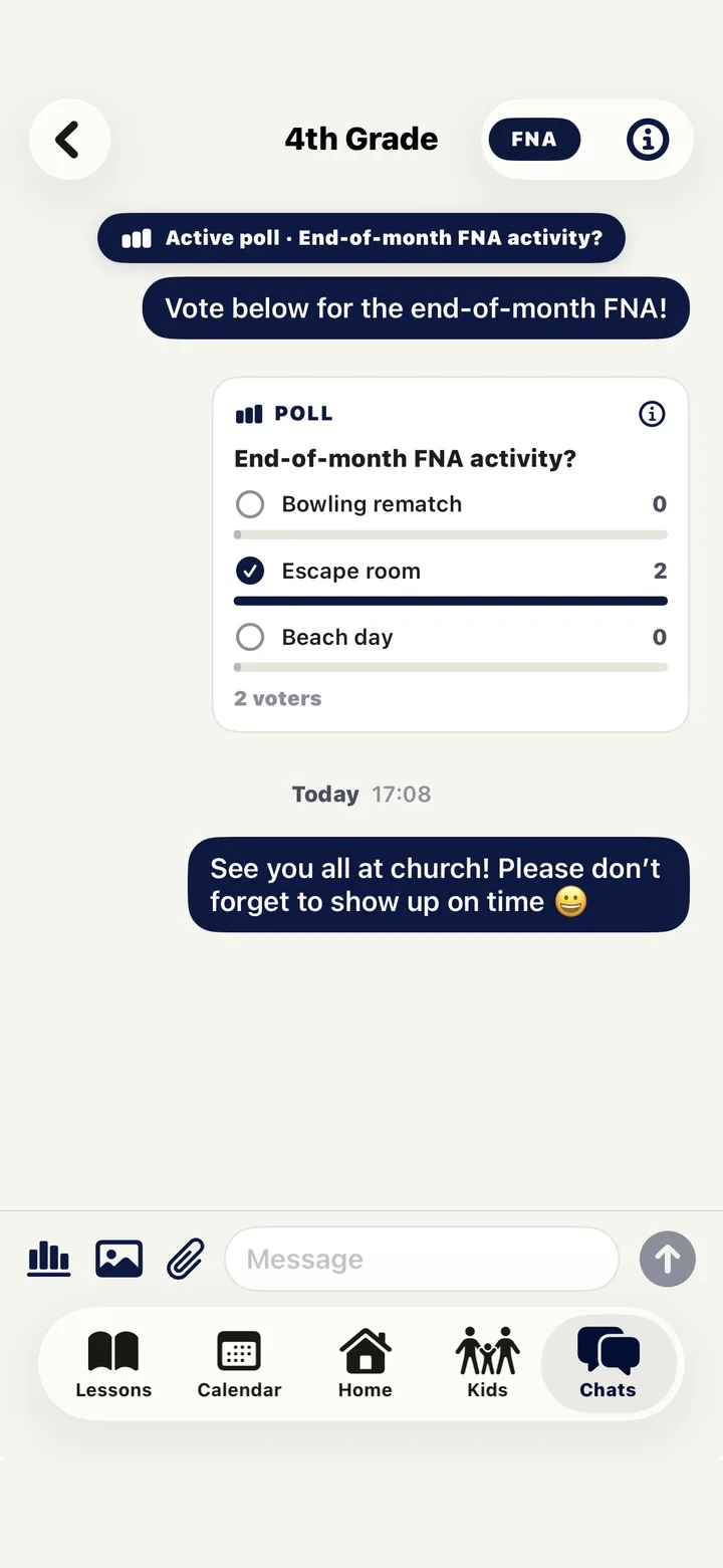 A class chat thread with an in-thread poll on the end-of-month FNA activity