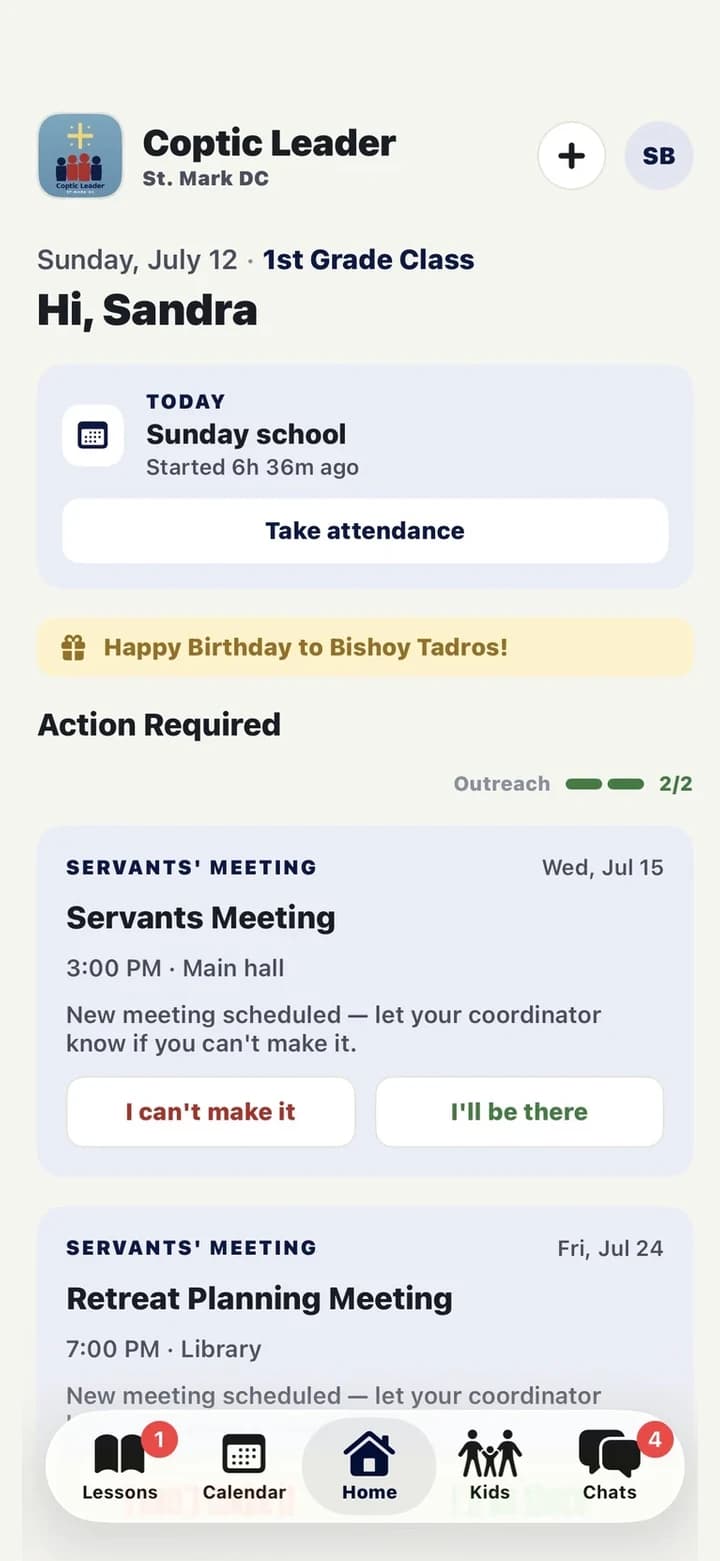 A servant's home screen in Coptic Leader — action items, this week's lesson, and the outreach duty meter