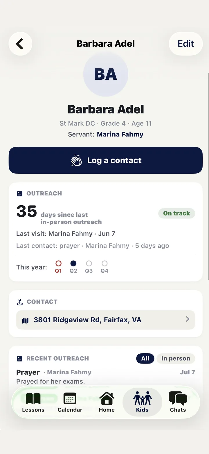 A child's profile: days since the last in-person outreach, recent contacts, and a log-a-contact button
