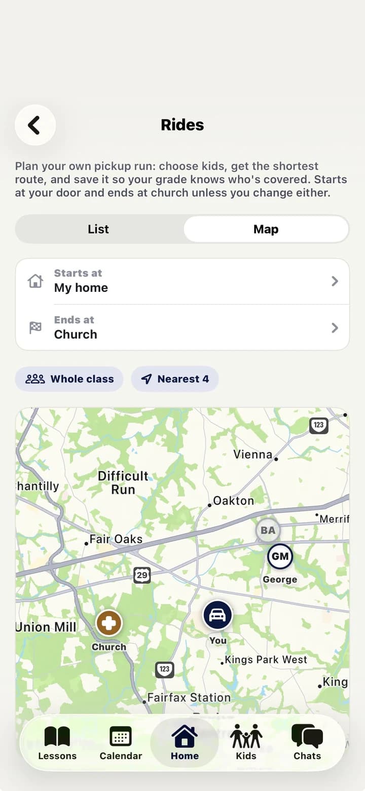Planning a pickup run: starts at my home, ends at church, with whole-class and nearest-riders shortcuts over a map