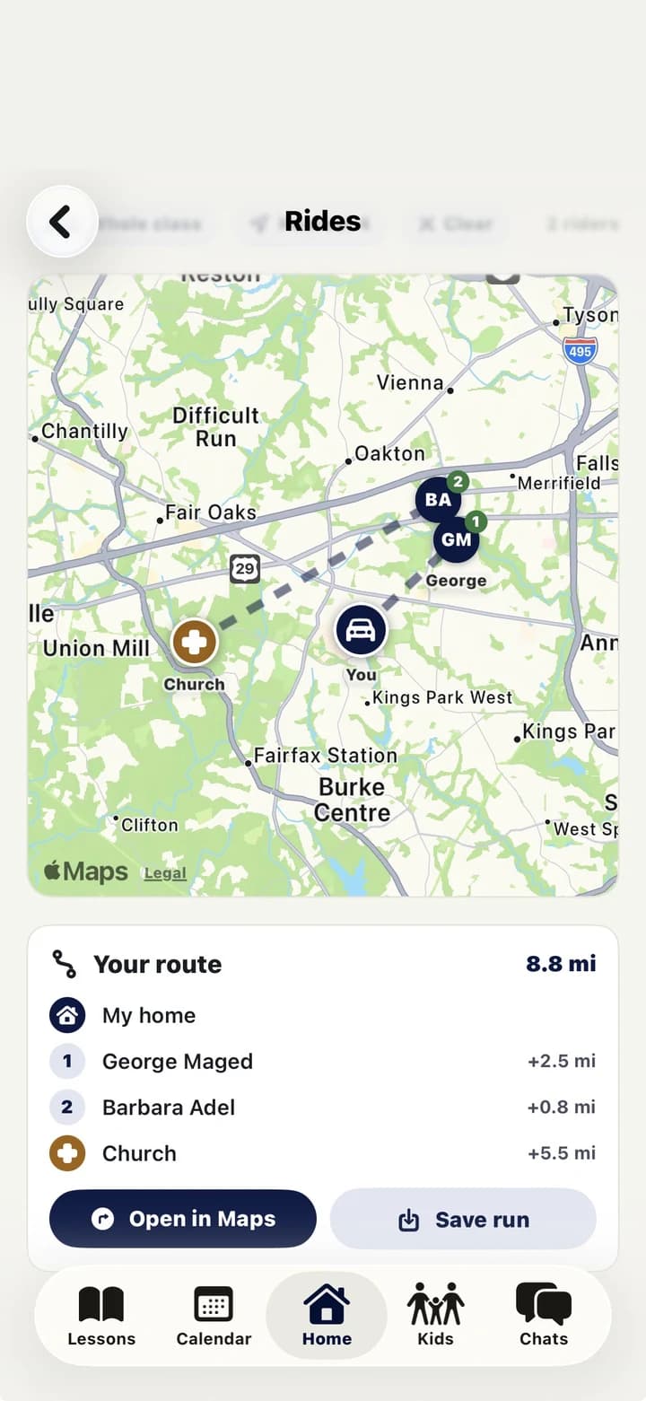 The ordered pickup route — home, two children, then church — with the total distance and an Open in Maps button